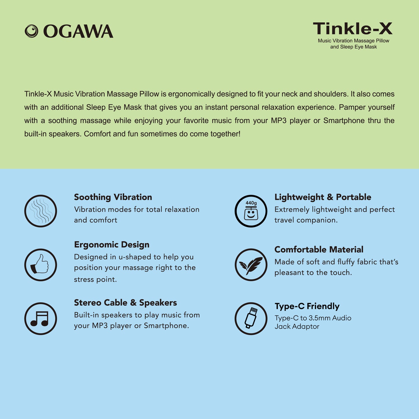[May Special] Ogawa Tinkle-X Music Vibration Massage Pillow and Sleep Eye Mask (6 months warranty)