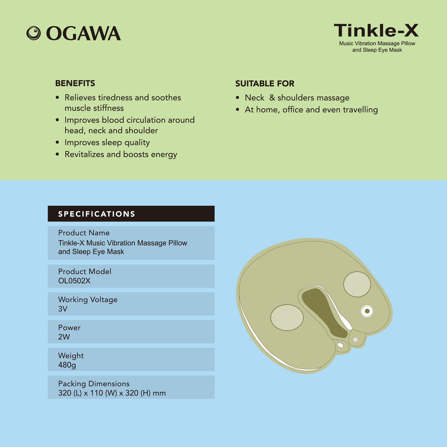 [May Special] Ogawa Tinkle-X Music Vibration Massage Pillow and Sleep Eye Mask (6 months warranty)