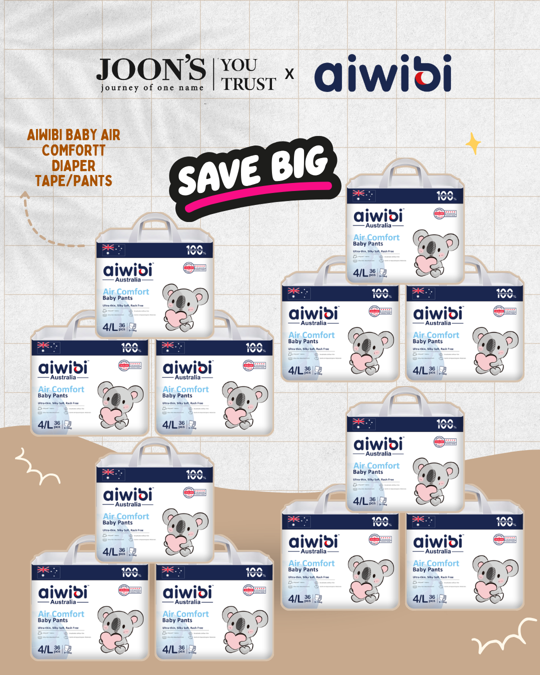 [May Special EAST MALAYSIA] Aiwibi Air Comfort Baby Diaper - 3 packs/ 12 packs